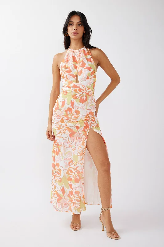 Nirvana Halterneck Split Midi Dress Floral Orange