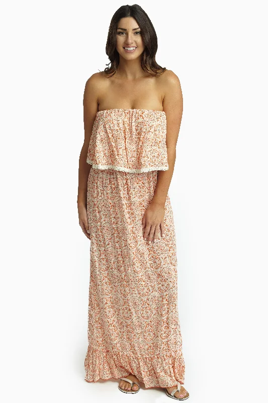 Orange Bohemian Crochet Trim Overlay Strapless Maxi Dress