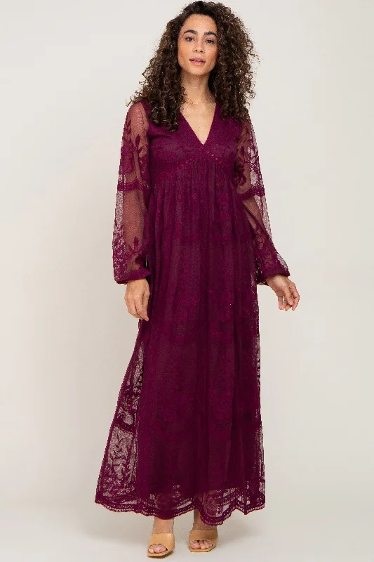 PinkBlush Burgundy Lace Mesh Overlay Long Sleeve Maxi Dress Cozy Maxi Dress with Slit PinkBlush Burgundy Lace Mesh Overlay Long Sleeve Maxi Dress Cozy Maxi Dress with Slit