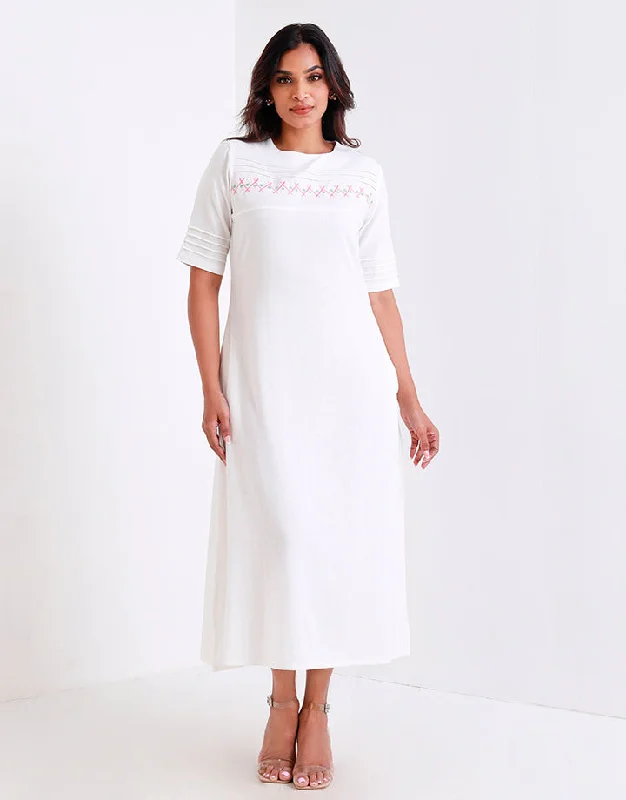 Pintuck Elegance Embroidery Midi Dress