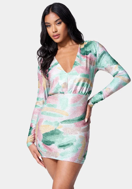 Printed Blouson Lurex Mini Dress