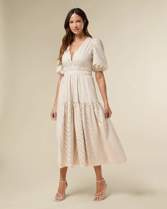 Puff Sleeve V-neck Poplin Midi Dress