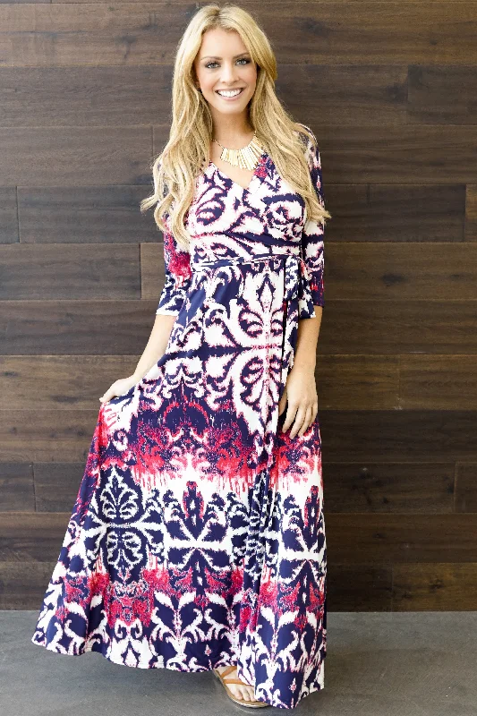 Red Navy Abstract Damask Draped Maxi Dress