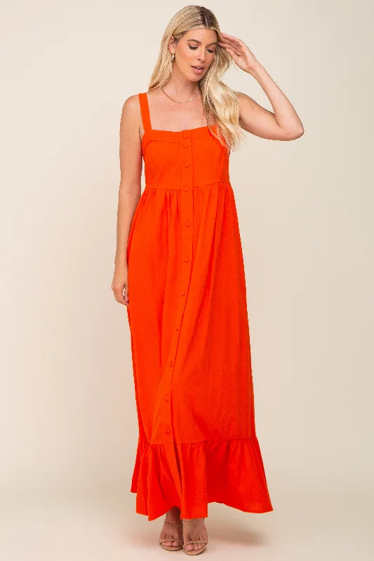 Red Orange Front Button Sleeveless Maxi Dress Stylish Empire Waist Maxi Dress