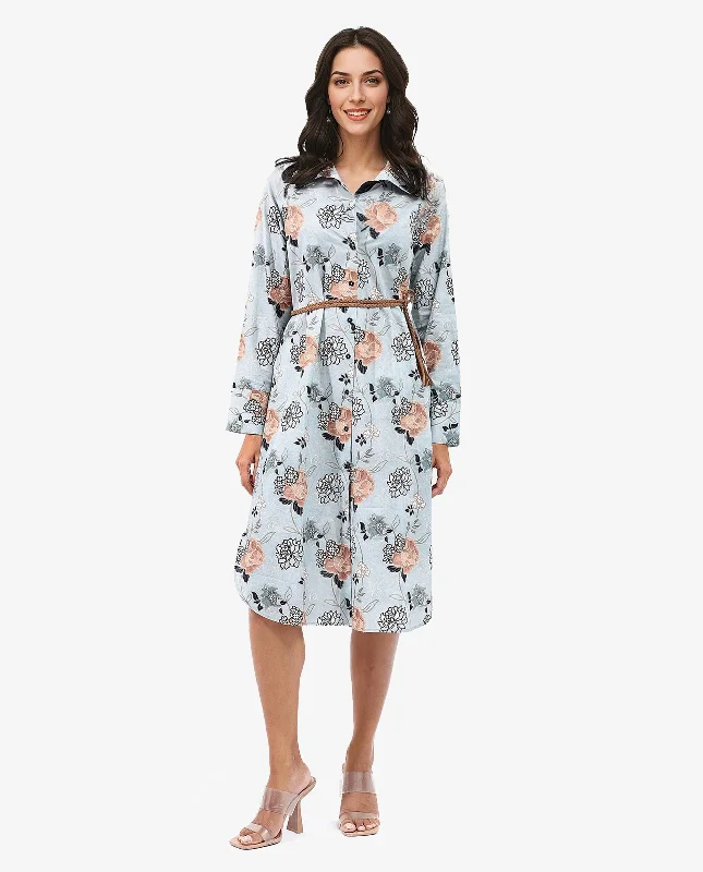 Rareism Women Regnio Multi Button Closure Raglan Sleeves Collared Neck A-Line Floral Print Midi Dress