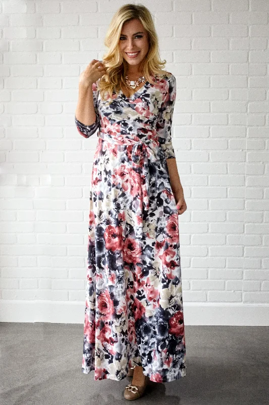 Rose Watercolor Floral Draped Maxi Dress