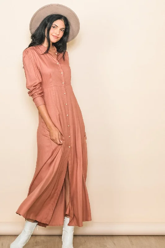 Rust Collared Button Down Long Sleeve Maxi Dress Comfortable Bohemian Maxi Dress