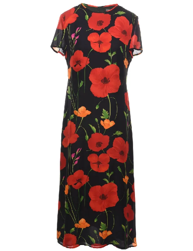 Silk Floral Print Maxi Dress - M