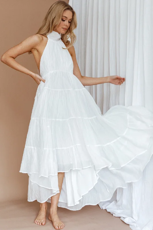 South Haven Halter Midi Dress White Trendy Ruched Side Midi Dress