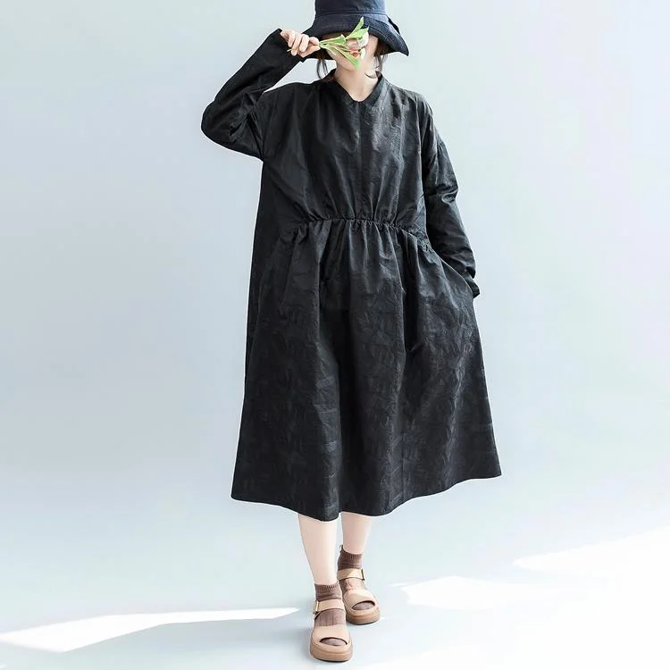 stylish navy cotton blended maxi dress plus size clothing V neck wrinkled traveling dress Fine long sleeve pockets dresses