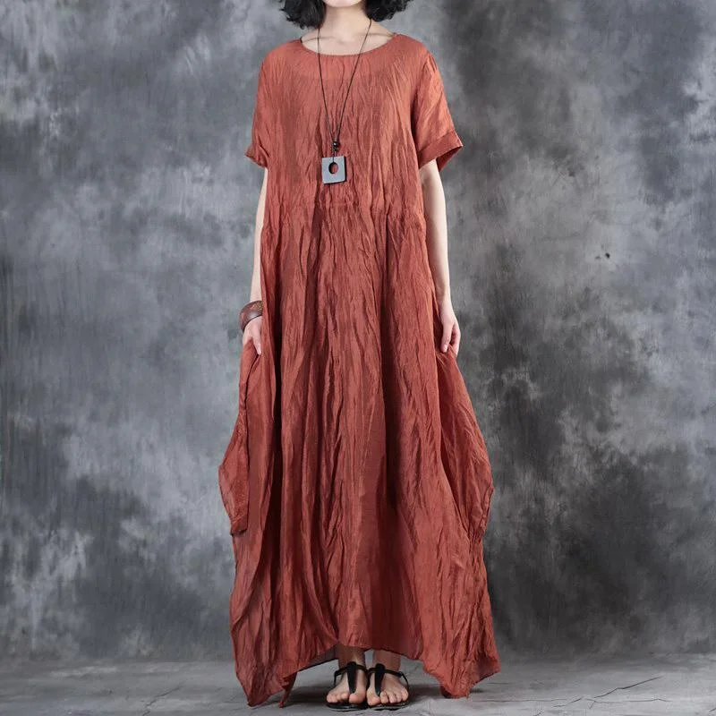 stylish red  linen dresses casual side open linen silk maxi dress women short sleeve linen caftans