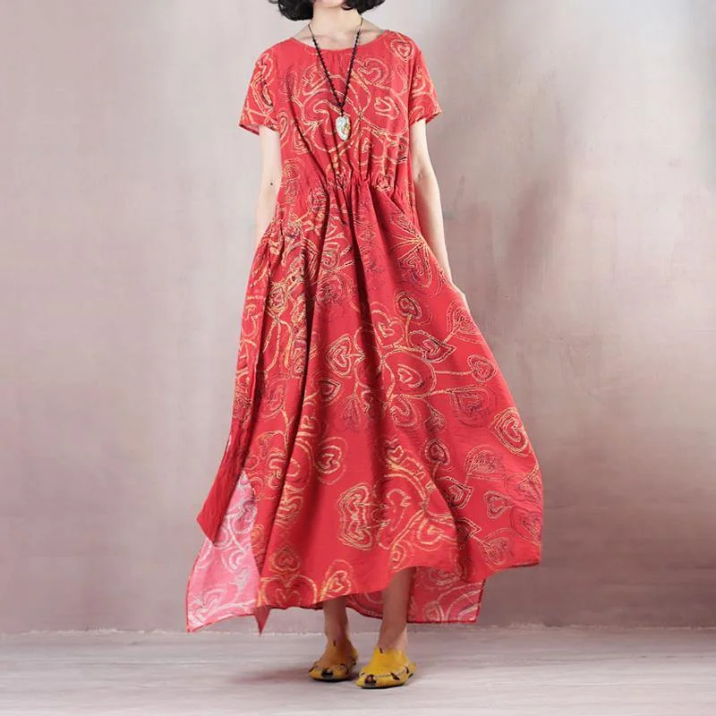 stylish red linen maxi dress casual O neck print traveling clothing women short sleeve baggy dresses