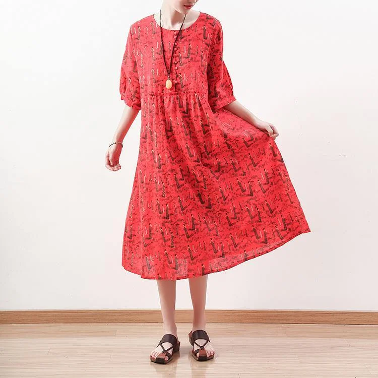 stylish red prints linen maxi dress trendy plus size half sleeve traveling dress boutique o neck caftans