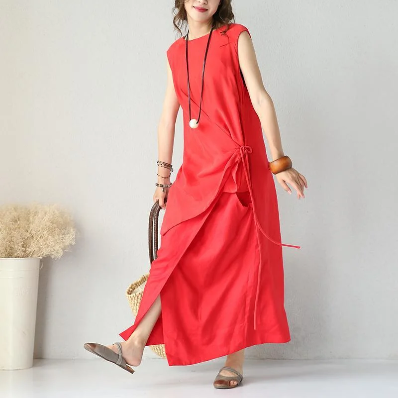 stylish red silk linen dress Loose fitting O neck clothing dress 2018 sleeveless tie waist maxi dresses