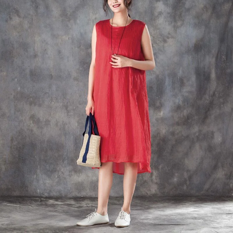 stylish silk linen cotton maxi dress plus size Women Round Neck Sleeveless Lining Red Dress