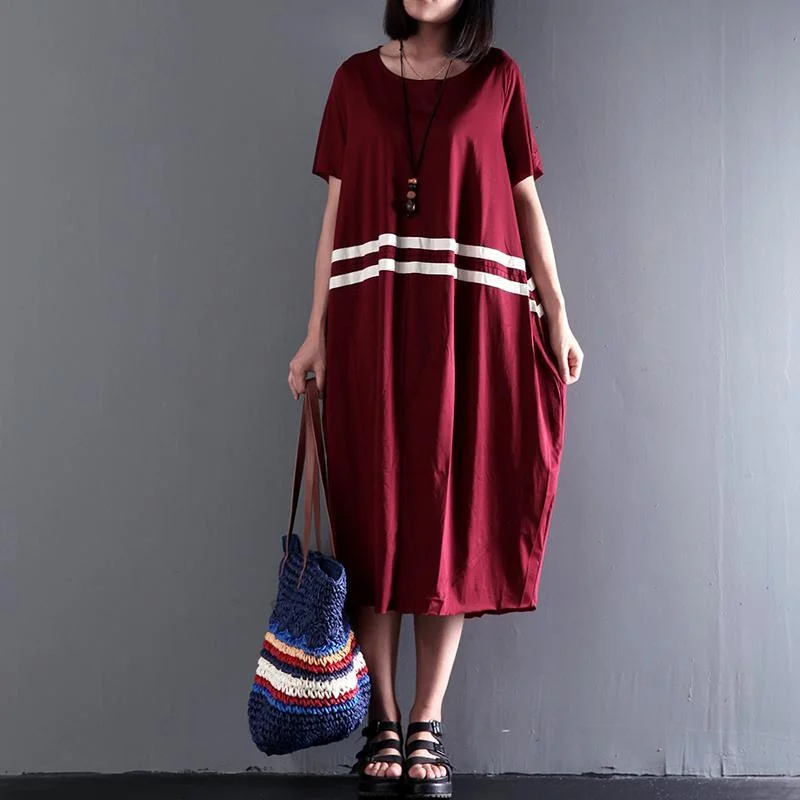 summer burgundy short sleeve maxi dresses plus size cotton dress casual gowns