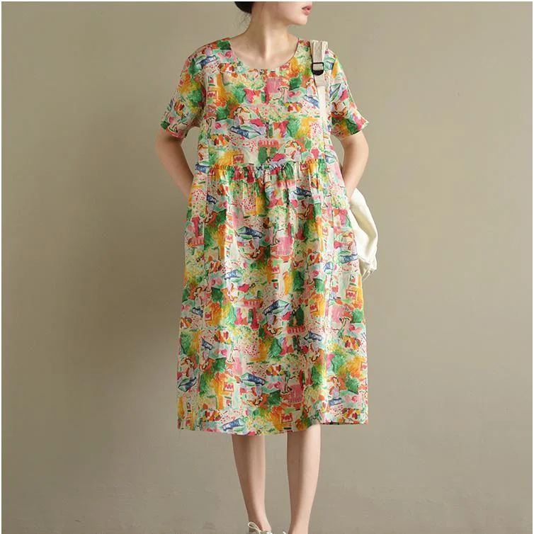 summer multi floral linen dresses oversize casual high waist sundress short sleeve maxi dress