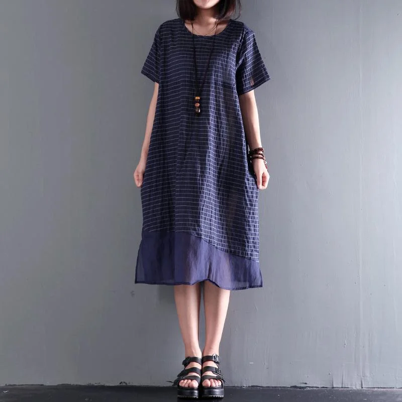 Summer stylish linen dress striped short sleeve maxi dress loose baggy sundress