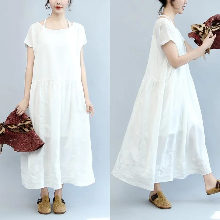 Summer White Casual Cotton Dresses Plus Size Embroidery Sundress Short Sleeve Maxi Dress ( Limited Stock)