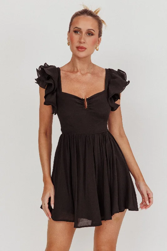 Sunday Dreams Ruffle Strap Mini Dress Black Modern Satin Mini Dress