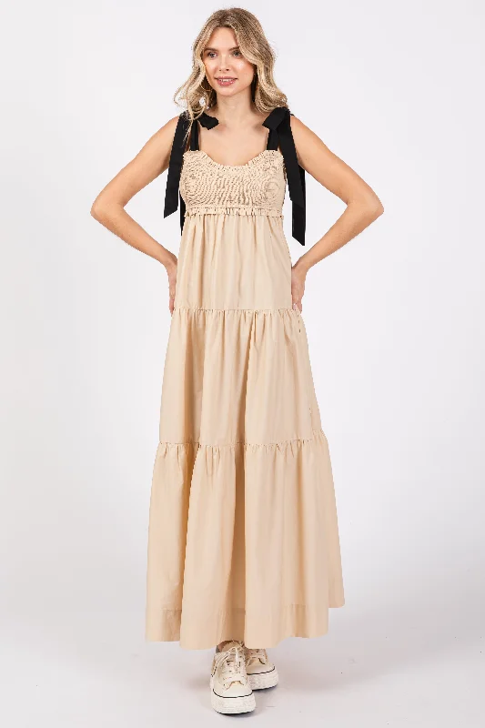 Taupe Contrast Shoulder Straps Maxi Dress Trendy Fit-and-Flare Maxi Dress
