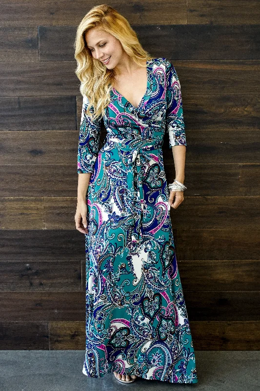 Teal Bohemian Draped 3/4 Sleeve Maxi Dress