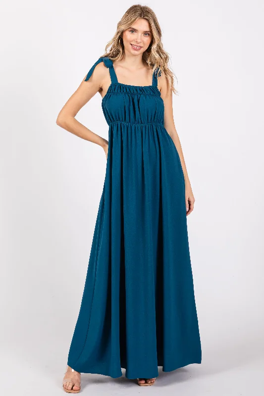 Teal Square Neck Shoulder Tie Maxi Dress Stylish Boho Maxi Dress