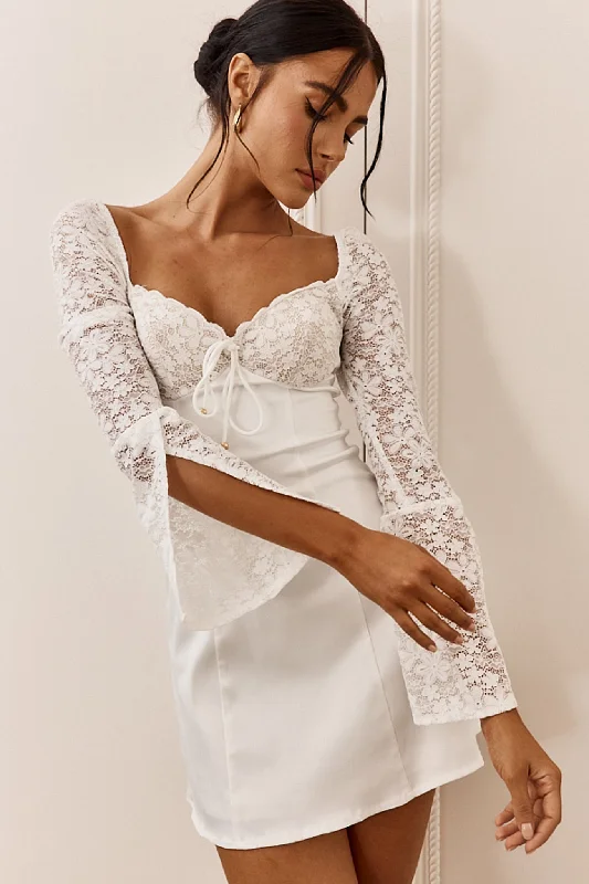 Ti Amo Lace Bust Long Sleeve Mini Dress White Cozy Wraparound Mini Dress