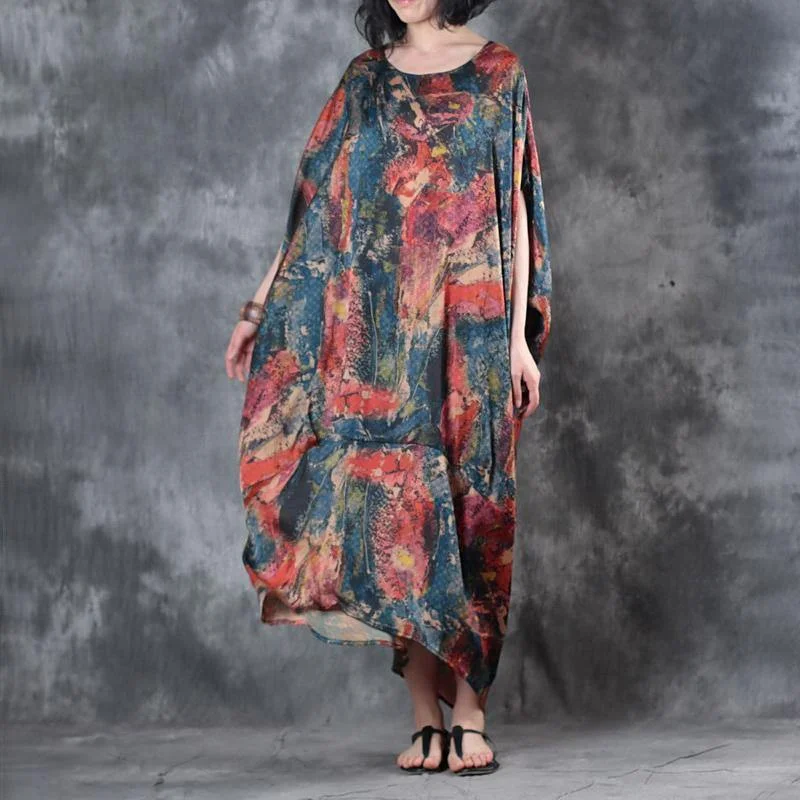 top quality blue prints chiffon maxi dress Loose fitting asymmetric chiffon clothing dresses 2018 batwing sleeve maxi dresses