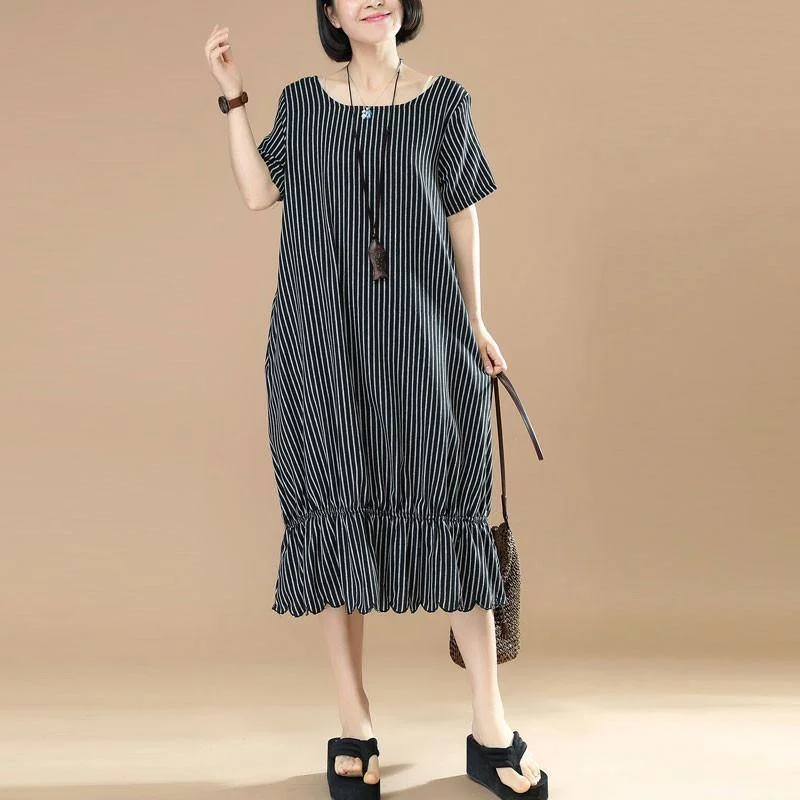 Top Quality Cotton Blended Maxi Dress Plus Size Black And White Stripes Round Neck Short Sleeve Pocket Loose Women Dress