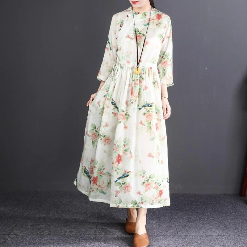 top quality floral linen maxi dress oversized O neck tie waist caftans top quality long sleeve large hem maxi dresses