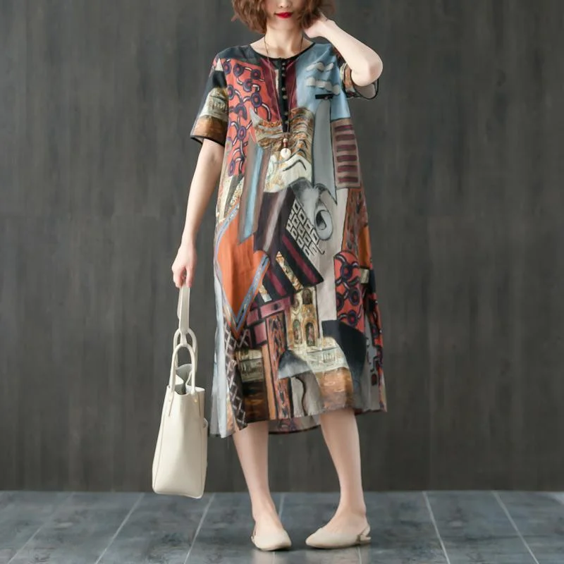 Top Quality Linen Maxi Dress Plus Size Clothing Round Neck Short Sleeve Ethnic Printed Dress