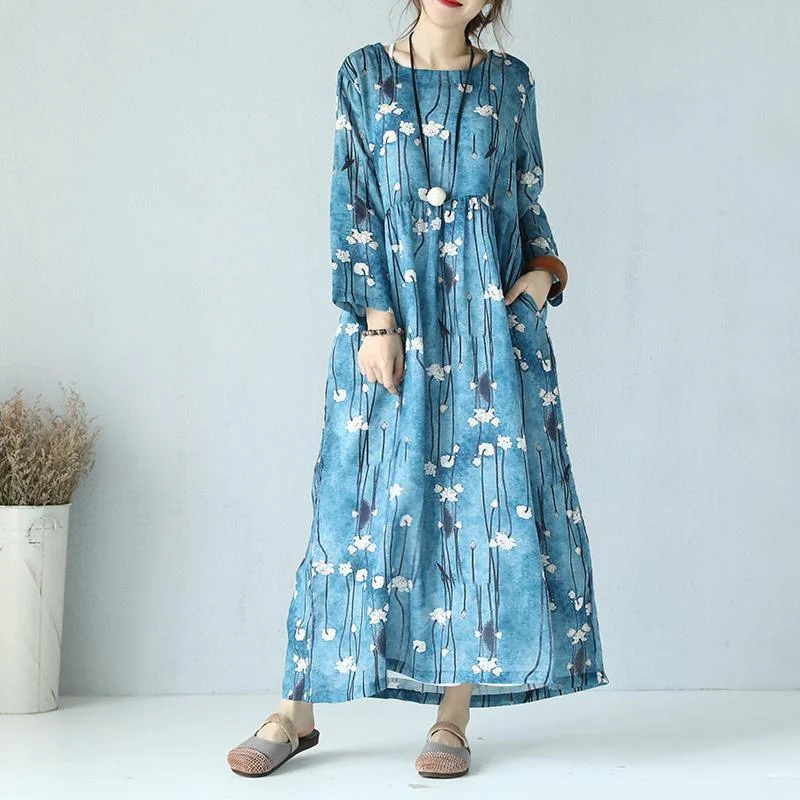 Top Quality Print Linen Dress Loose Fitting O Neck Linen Maxi Dress Boutique Long Sleeve Maxi Dresses