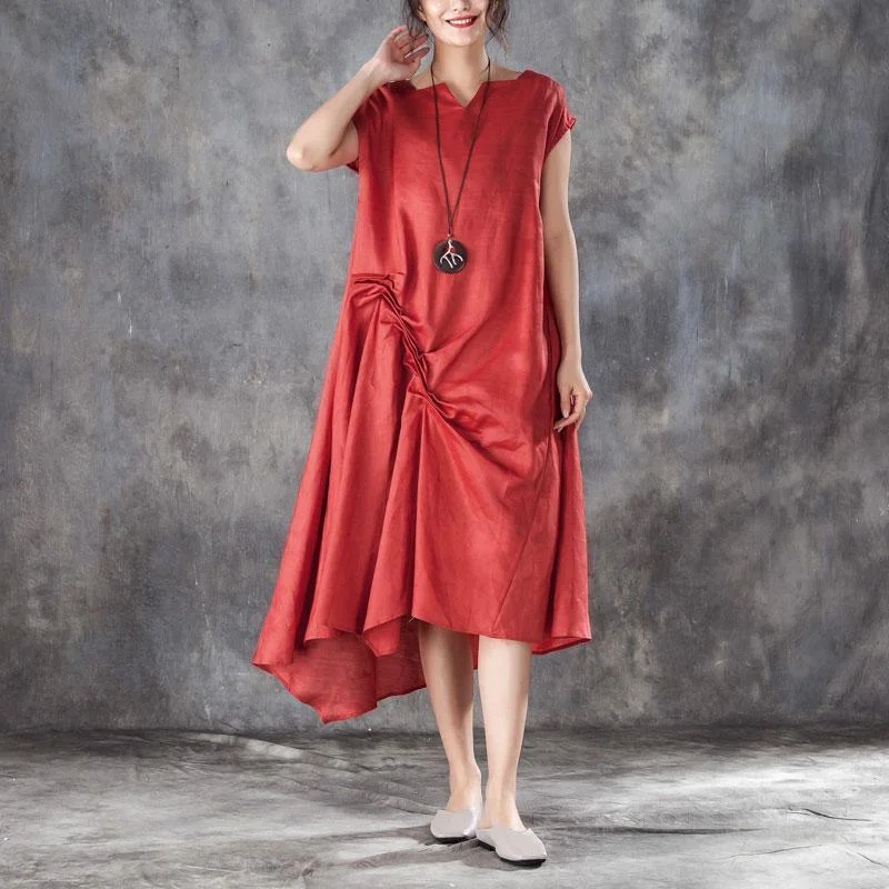 top quality summer cotton blended maxi dress oversize Women Casual V Neck Short Sleeve Red Dress