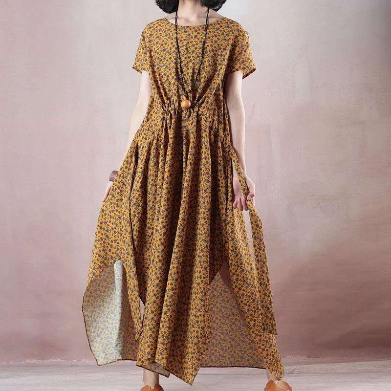 top quality yellow print natural linen dress plus size clothing O neck side open  traveling clothing women short sleeve maxi dresses