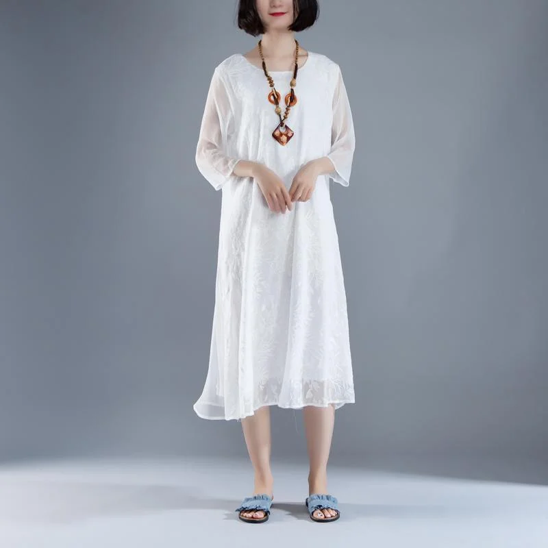 trendy summer maxi dress Elegant Summer Fake Two-piece Retro White Embroidery Dress