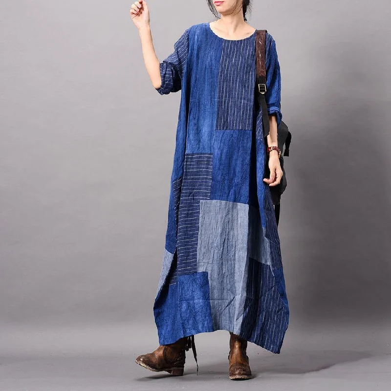 Unique O Neck Patchwork Linen Robes Fine Outfits Blue Maxi Dresses Spring (Limited Stock)