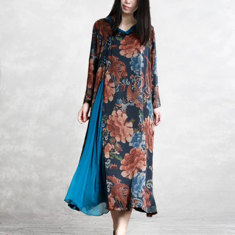 Unique Silk Long Shirts Organic Shape Black Blue Asymmetric Prints Maxi Dress