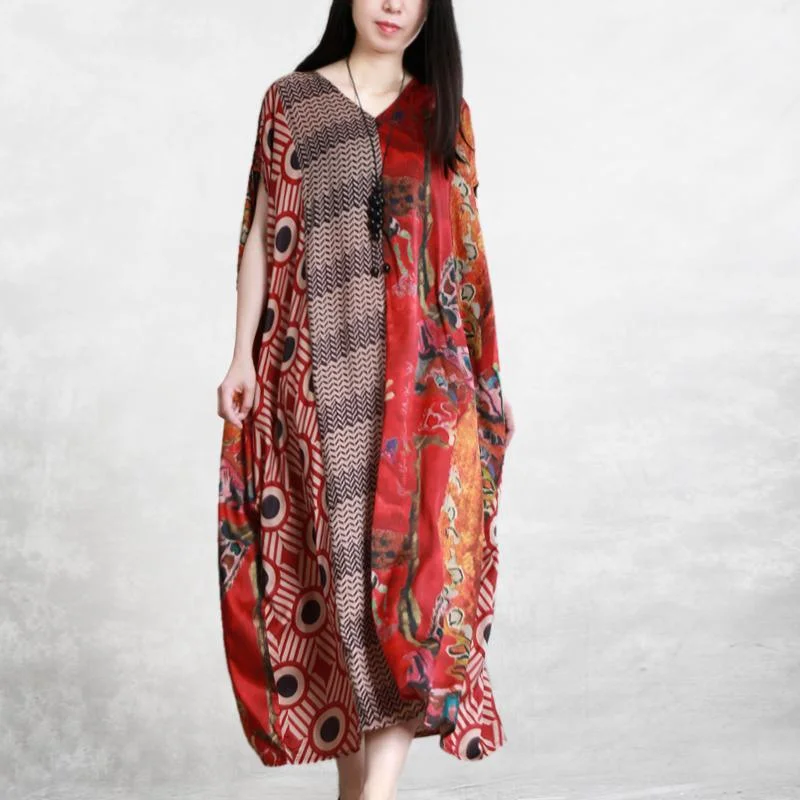 Unique V Neck Batwing Sleeve Chiffon Long Fashion Fabrics Red Print Maxi Dress Summer