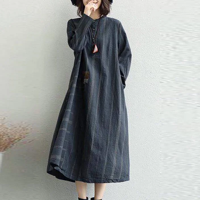 vintage black striped 2018 fall dress casual long sleeve gown 2018 loose waist maxi dresses