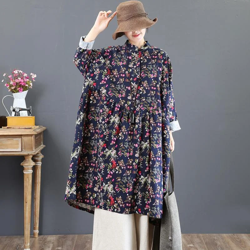 vintage blue cotton dresses oversize prints traveling dress New stand collar maxi dresses