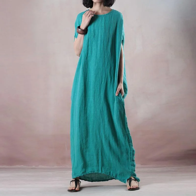 vintage blue linen dress oversized o neck baggy dresses linen maxi dress women Sleeveless pockets maxi dresses