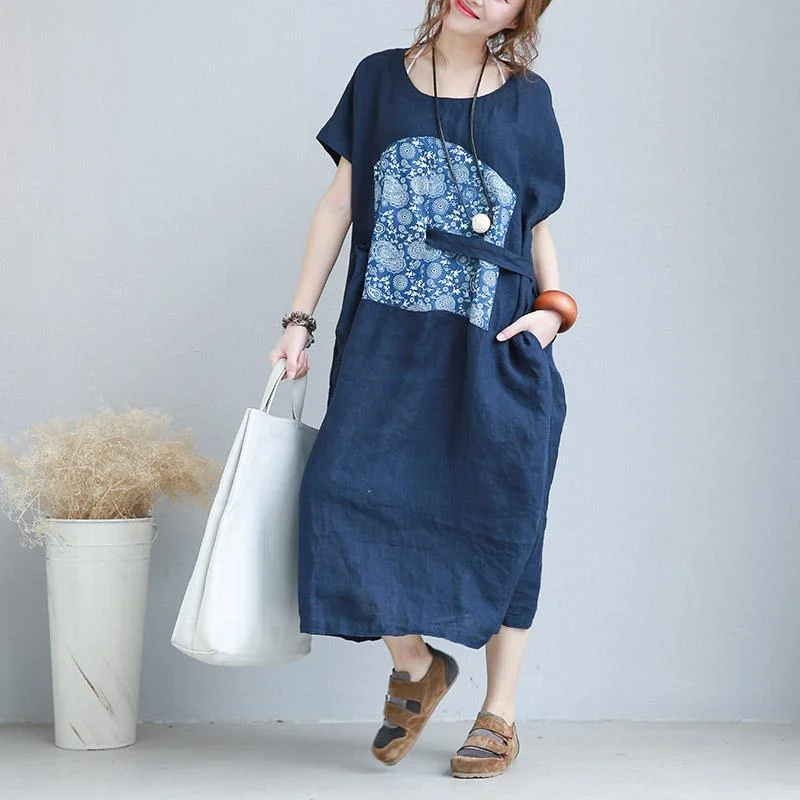 vintage blue long linen dresses Loose fitting O neck traveling clothing casual short sleeve print maxi dresses