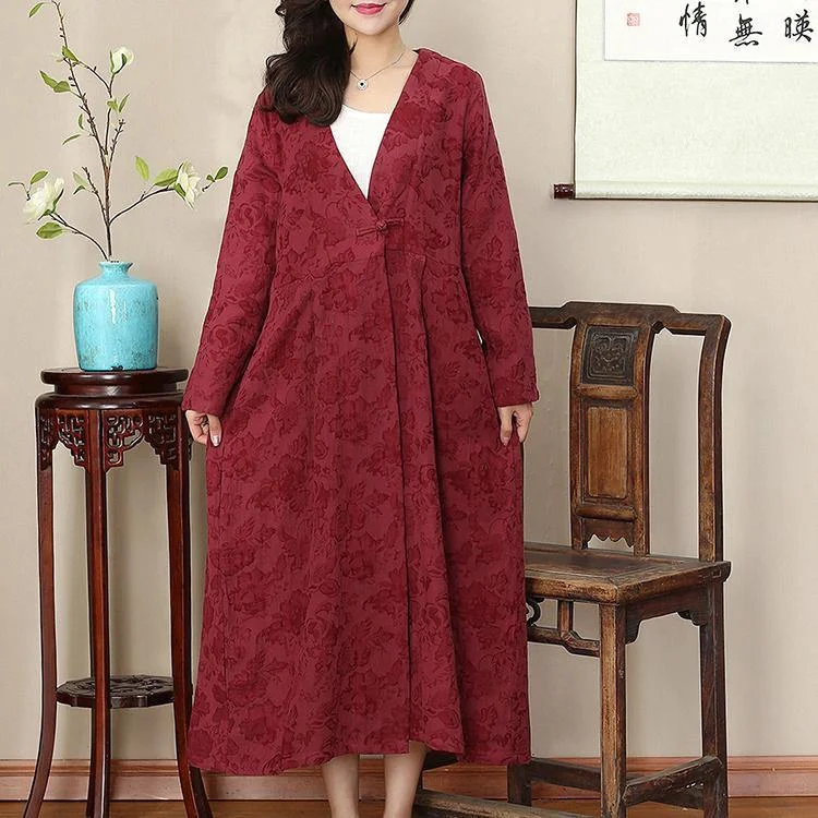 vintage burgundy long oversized v neck cotton linen clothing dresses casual wrinkled large hem maxi dresses