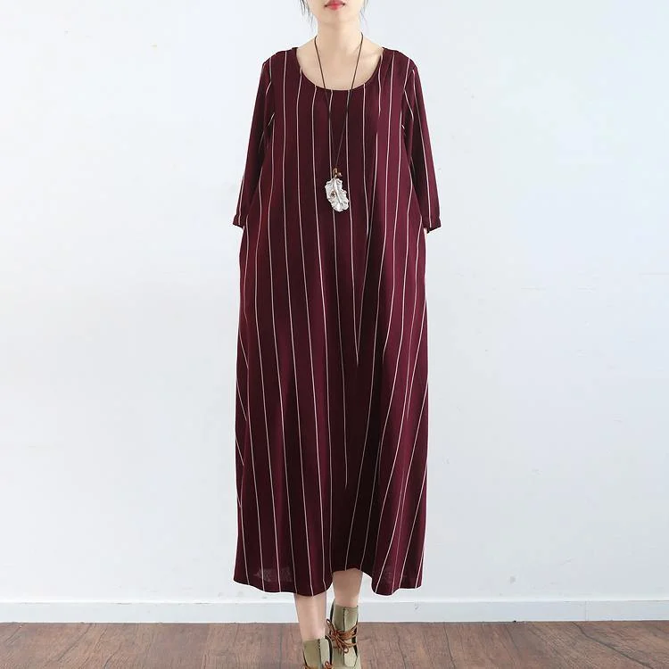 vintage burgundy striped natural linen dress  casual o neck gown vintage half sleeve maxi dresses