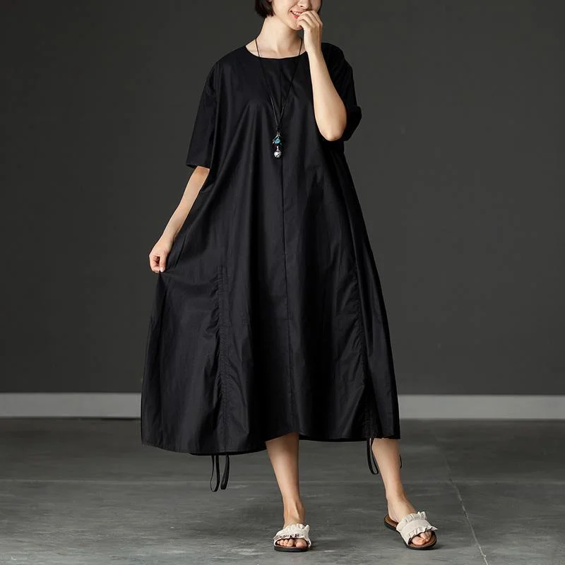 vintage cotton maxi dress plus size Pockets Summer Short Sleeve Black Loose Dress