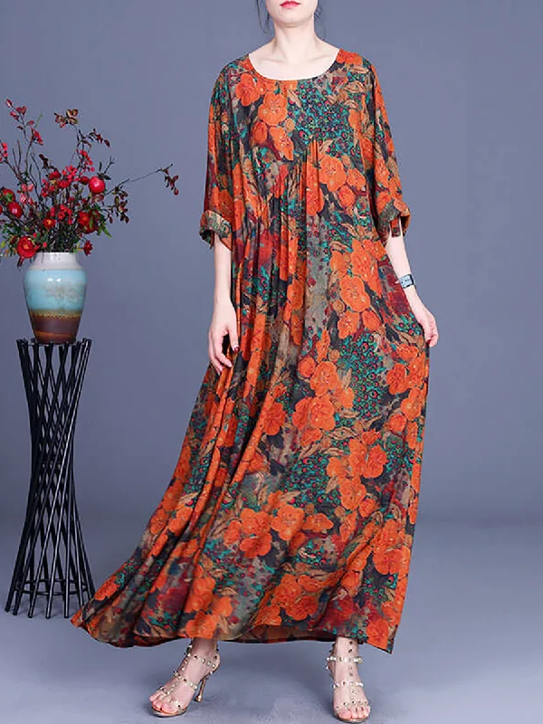 Vintage Floral Irregular Casual Maxi Dress