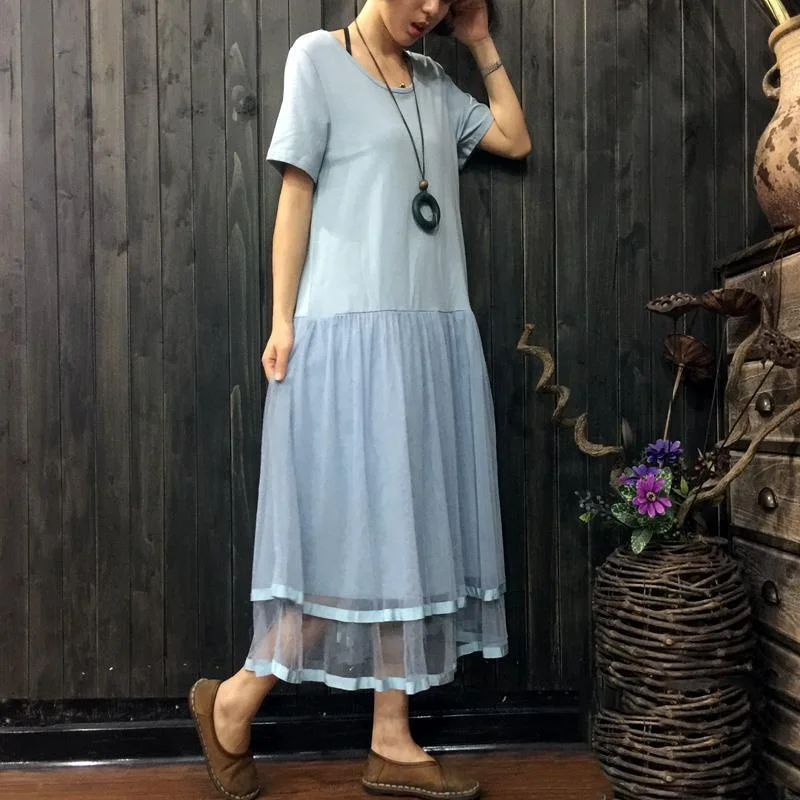 vintage light blue  Midi linen dresses casual linen maxi dress Elegant o neck patchwork lace knee dresses