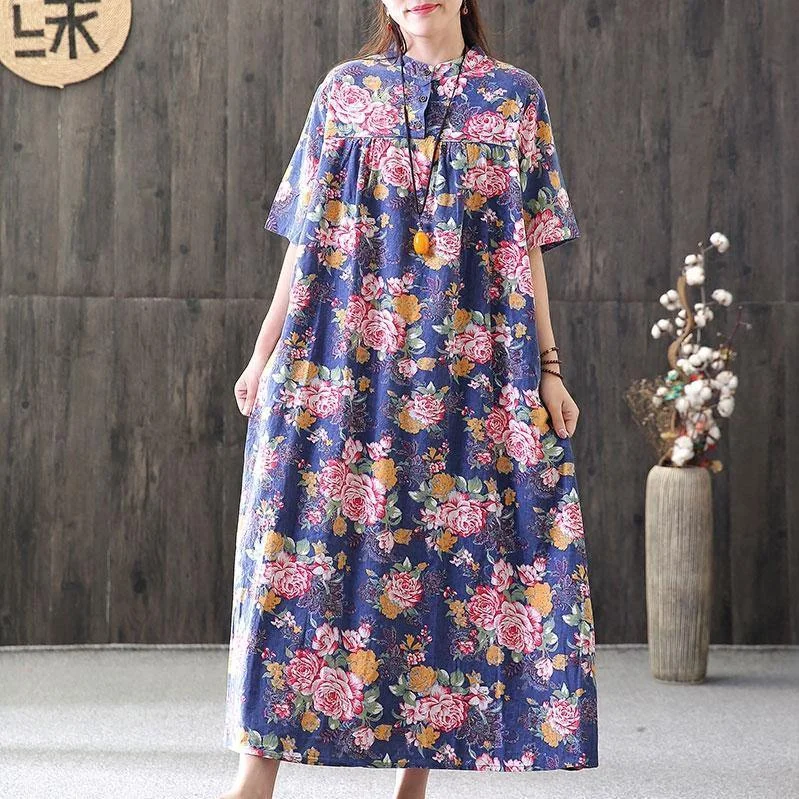 vintage linen maxi dress oversized Casual Summer Floral Short Sleeve Loose Dress