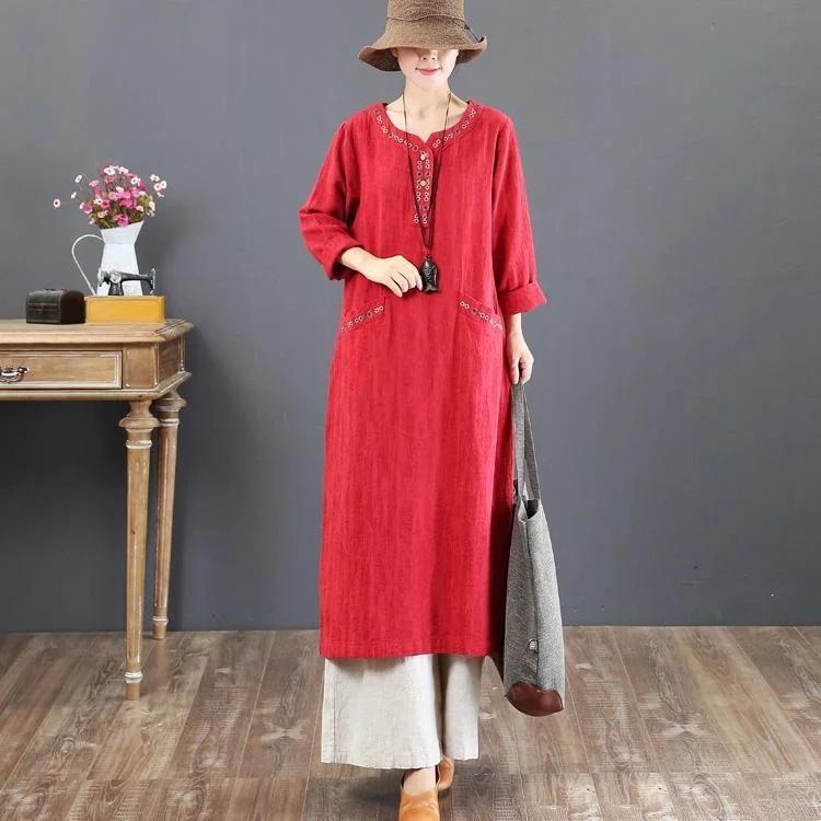 vintage red cotton dresses oversized embroidery cotton maxi dress top quality pockets gown